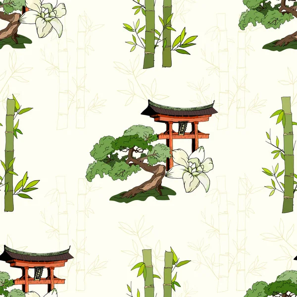 Bambu ve bonsai ile hafif Asya arkaplanı. Vektör illüstrasyonu.