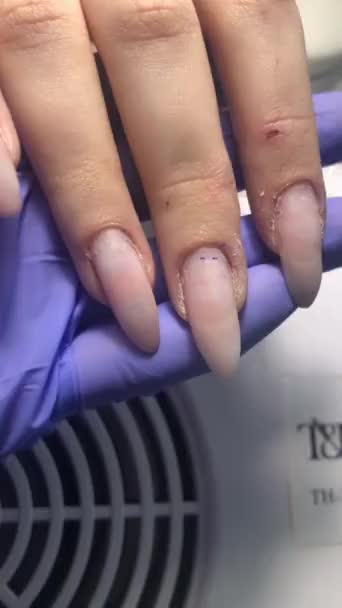 爪にピンクのマニキュアを持つ女性の手 マニキュア美容室のコンセプト テキストやロゴのための空の場所 — ストック動画