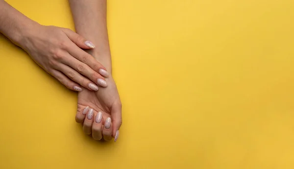 Female Hands Beautiful Manicure Yellow Background Top View Flat Lay — Stock Photo, Image