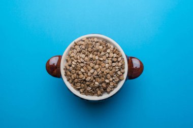 Mavi arka planda kil kapta karpuz tohumları. Karpuz tohumları arka planda.