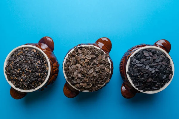 Farklı çeşitlerdeki karpuz tohumları mavi arka planda kil kaplarda, en üstte. Karpuz tohumları arka planda.