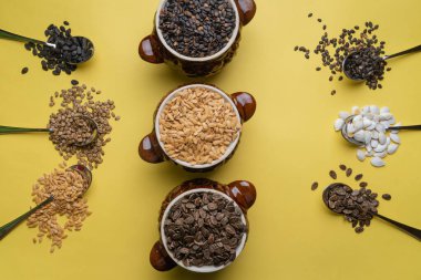 Sarı arka planda karpuz, balkabağı ve kavun tohumları. Farklı tohum türleri, üst görünüm. Tohumlar.