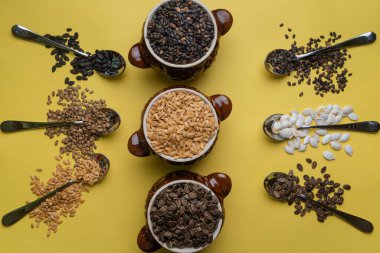 Sarı arka planda karpuz, balkabağı ve kavun tohumları. Farklı tohum türleri, üst görünüm. Tohumlar.