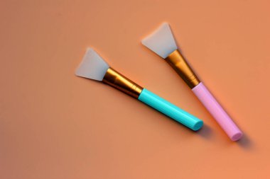 Parlak bir arkaplanda iki fırça. Yaş, kaldırma ve tonlama tedavisi. Doğal bütünsel güzellik kavramı. Düz yat, boşluğu kopyala.