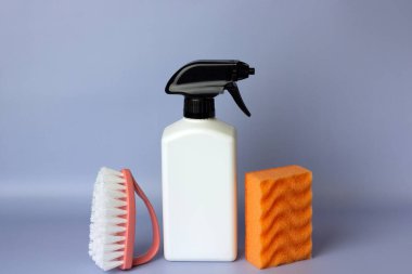 Mutfak, banyo ve diğer odaların çeşitli yüzeylerini temizlemek için renkli bir set. Temizlik hizmeti konsepti. Erken bahar temizliği. Boşluğu kopyala.