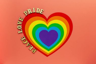 Gökkuşağı İşitmeleri pembe arka planda gey ve LGBT gururunu sembolize eder. Tahta harflerden oluşan bir deyim. Barış aşkı gururu..