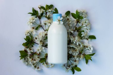Kozmetik, saç ve cilt bakım ürünleri ve çiçek açan bahar ağaçları içeren plastik şişenin moda bileşimi. Doğal organik kozmetik konsepti. Kopyalama alanı olan ürün modeli.