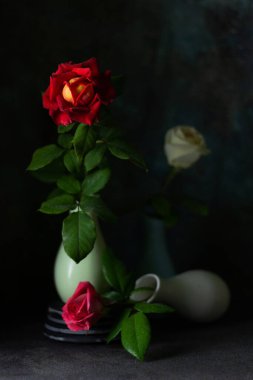 Karanlık arka planda güller olan yaratıcı natürmort hayat. Moda kompozisyon konsepti. Boşluğu kopyala.