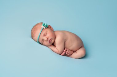 Sleeping Newborn Baby Girl with Blue Rose Headband clipart