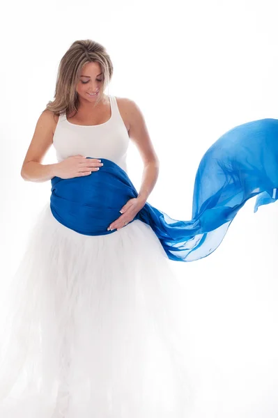 Smiling Pregnant Woman with Blue Veil — Stock Photo, Image