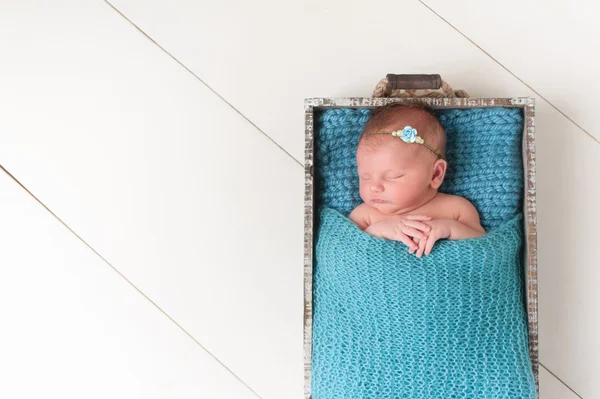 Bebé recién nacido dormido en jaula de madera — Foto de Stock