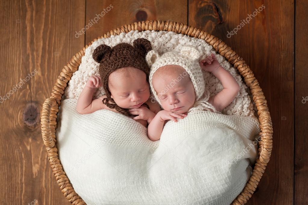 Twin Baby Boys Wearing Bear — Stock Photo © katrinaelena 96301918