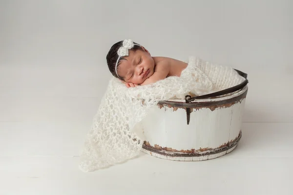 Newborn Girl Sleeping in Wooden Bucket — Stock Photo, Image