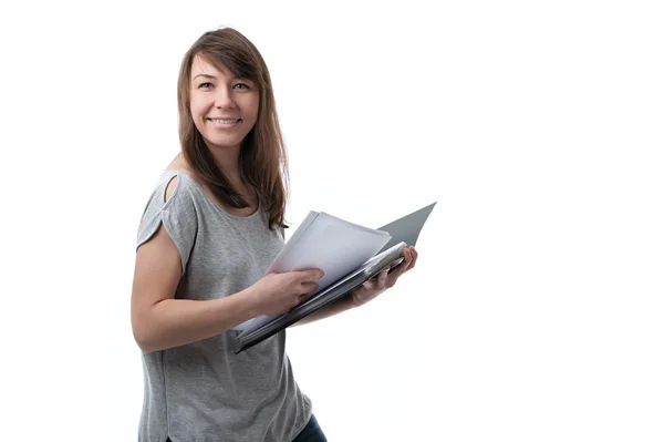 A woman is holding a folder with documents — Stock Photo, Image