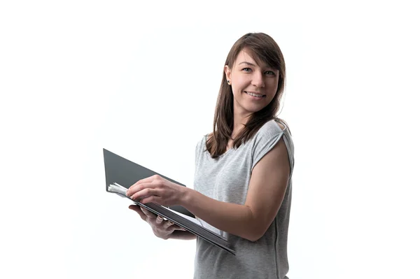 Woman holding documents — Stock Photo, Image