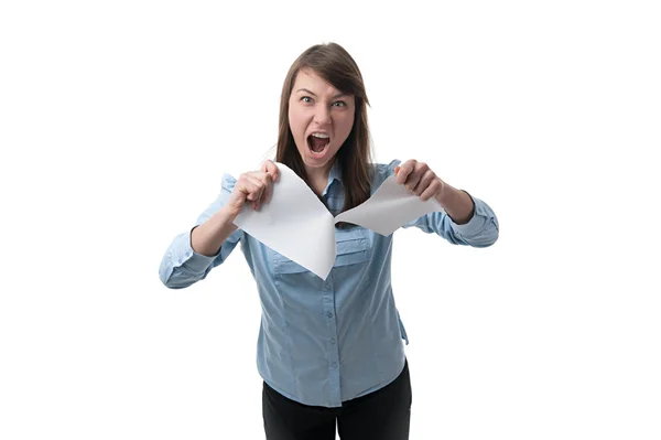 Young woman vomits documents — Stock Photo, Image