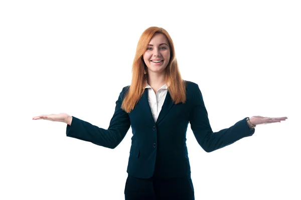 Beautiful business woman with red hair offers to choose — Stock Photo, Image