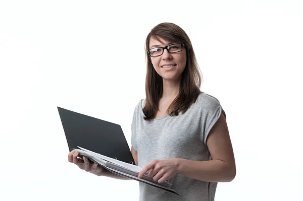 A woman is holding a folder with documents Stock Photo