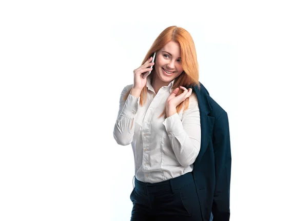 Woman in jacket talking on the phone — Stock Photo, Image