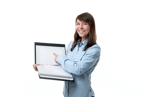 Happy woman points a finger at files — Stock Photo, Image