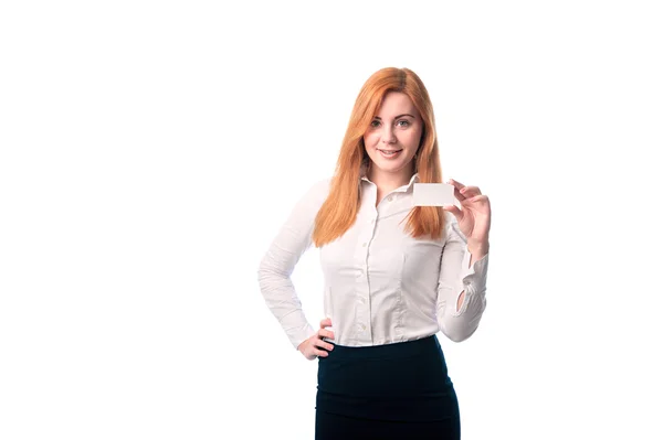 Beautiful woman showing a business card — Stock Photo, Image