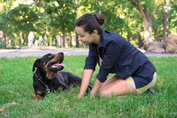 Mooie vrouw een hond aaien. Van bovenaf bekijken — Stockfoto