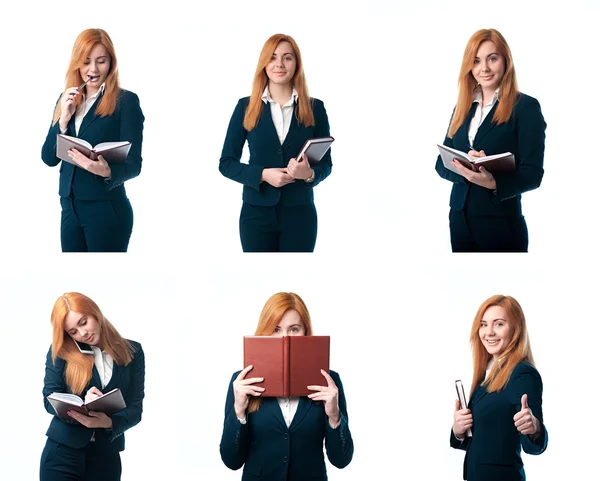 Червоне волосся бізнес-леді тримає блокнот в руках — стокове фото