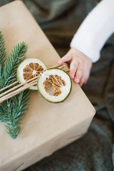 Caja Regalo Rústica Con Decoración Cítricos Secos Cerca Del Árbol —  Fotos de Stock