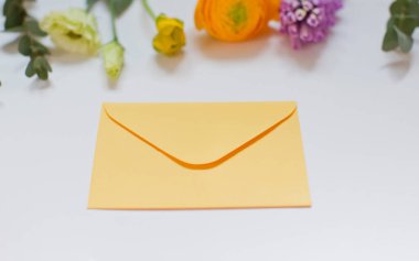 Sarı zarf ve pembe ve turuncu ranunculus çiçekli kenar beyaz arka planda sümbül ve okaliptüs. Üst görünüm