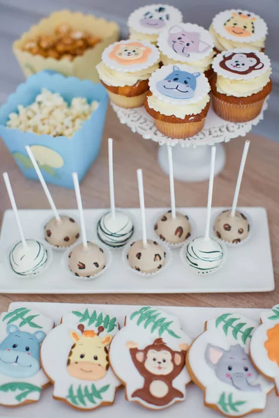 Dulces Cumpleaños Animales Safari Selva Galletas Macarrones Cupcakes Con Decoraciones — Foto de Stock