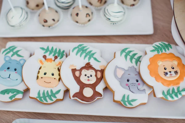 Dschungelsafari Tier Geburtstagsbonbons Cookies Macarons Cupcakes Mit Zucker Tierdekorationen — Stockfoto