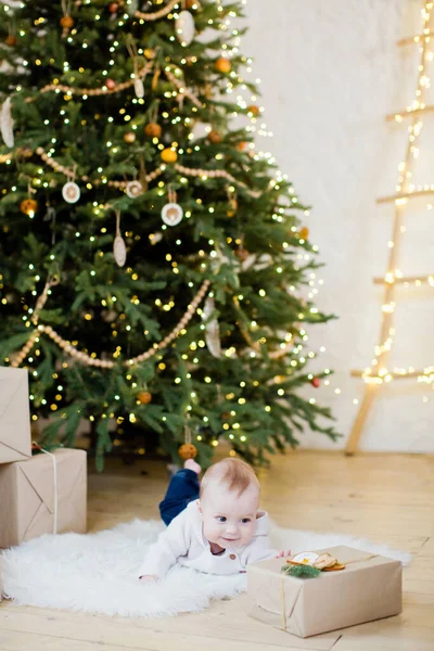 Cute Little Baby Boy Lying Christmas Tree Decorations Lights Cozy — Stock Photo, Image