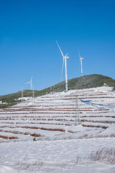 Dongchuan, Yunnan röd mark "spela Macan" efter gruppen snö wind turbine — Stockfoto