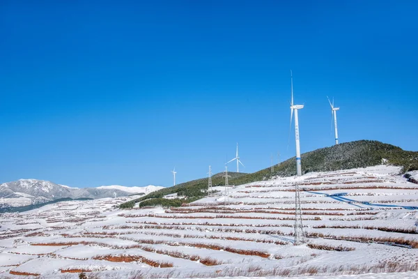 Dongchuan, Yunnan röd mark "spela Macan" efter gruppen snö wind turbine — Stockfoto