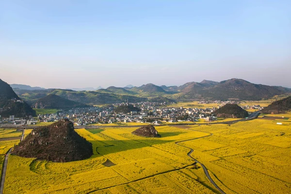 Kanola çiçek Luoping horoz tepe altında — Stok fotoğraf