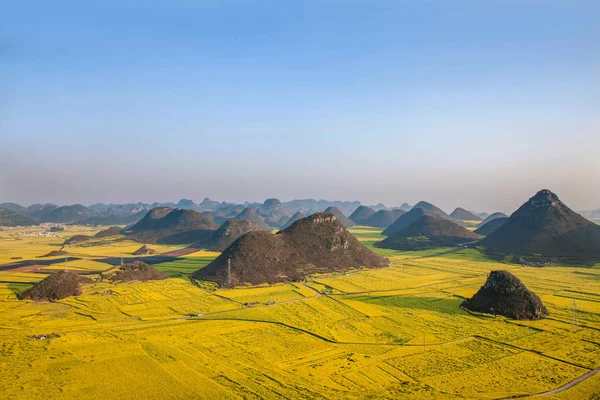 Kanola çiçek Luoping horoz tepe altında — Stok fotoğraf