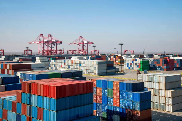 上海洋山深水经济自由贸易区集装箱码头起重机起重机塔 — 图库照片