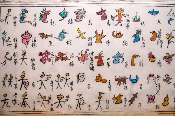 雲南省麗江なし族の絵文字の路地の壁 — ストック写真