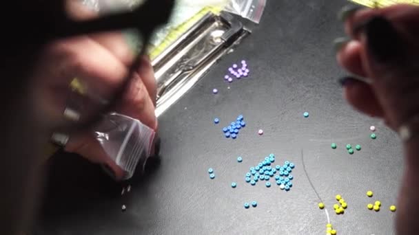 Girl Makes Beadwork Beading Hobby Jewelry Made Your Own Hands — Stock Video