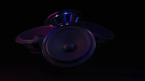 sound speakers in neon light on black background. 3d render