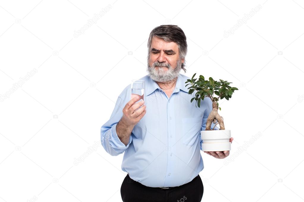 Old Men With Gray Hair Having Small Tree In Hands Stock Photo
