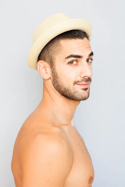 Handsome man half naked on white background — Stock Photo, Image