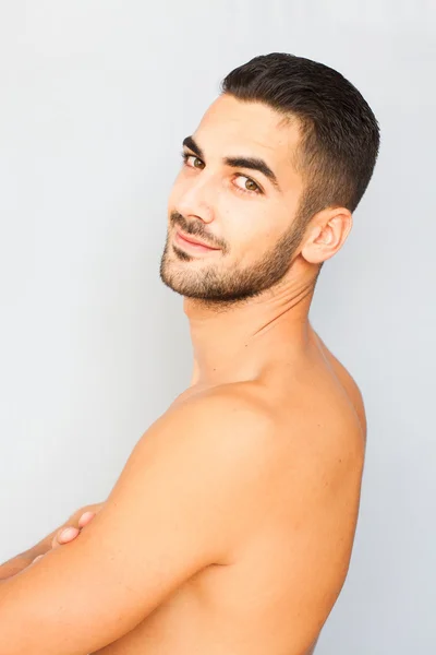 Handsome man half naked on white background — Stock Photo, Image