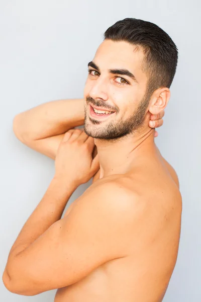 Handsome man half naked on white background — Stock Photo, Image