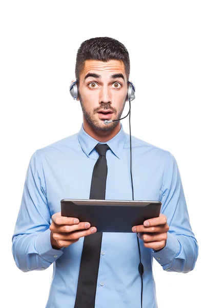 Male operator in formal wear with a tablet — Stock Photo, Image