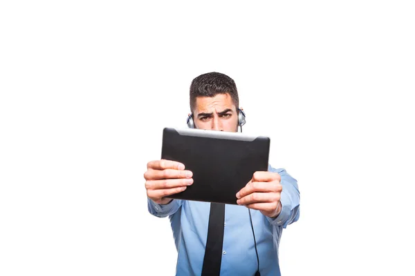 Male operator in formal wear with a tablet — Stock Photo, Image