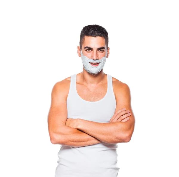 Hombre guapo con crema de afeitar —  Fotos de Stock