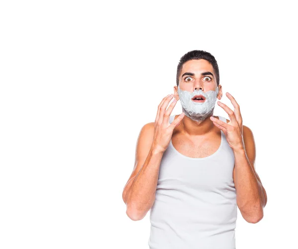 Hombre guapo con crema de afeitar — Foto de Stock