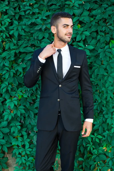 Elegante hombre de negocios de pie sobre hojas de fondo —  Fotos de Stock