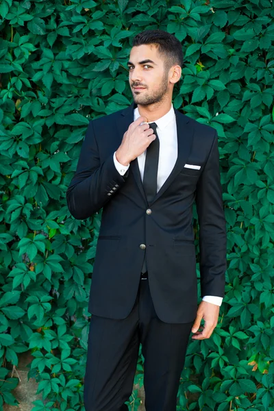 Elegante hombre de negocios de pie sobre hojas de fondo —  Fotos de Stock